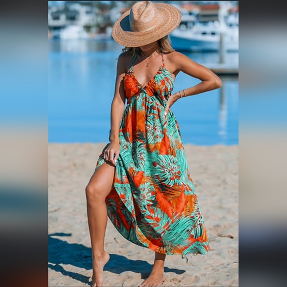 NWT Cupshe tropical abstract halter next maxi dress $45 small Backless summer - Picture 2 of 12